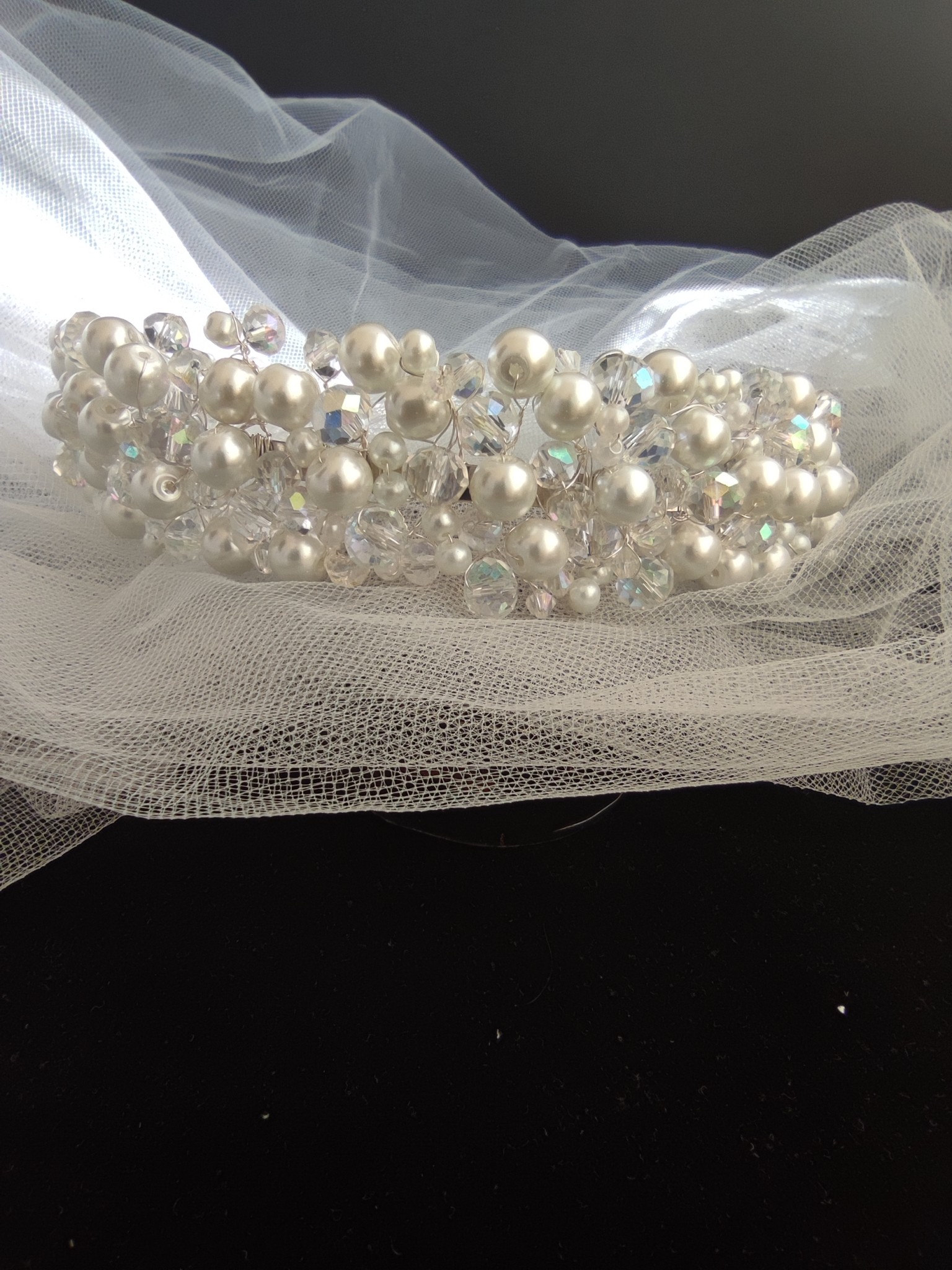 Stylish Classic Bridal Tiara with Crystals and Pearls in White - Modern Bride Stylish Classic Bridal Tiara with Crystals and Pearls in White - Modern Bride